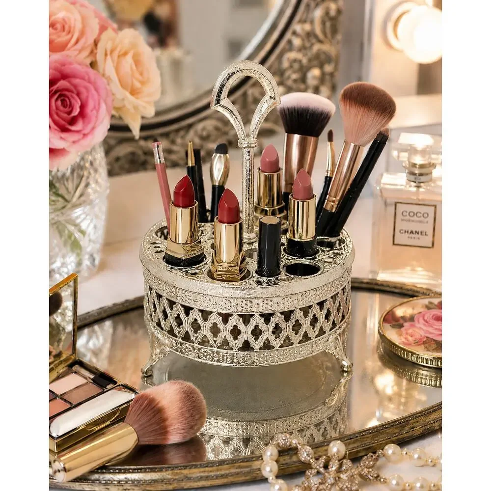 Vintage Silver Tone Lipstick Holder Vanity Makeup Organizer 12 Hole Caddy